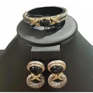 Vintage David Yurman Silver and Gold Tone Earrings with Black Stones